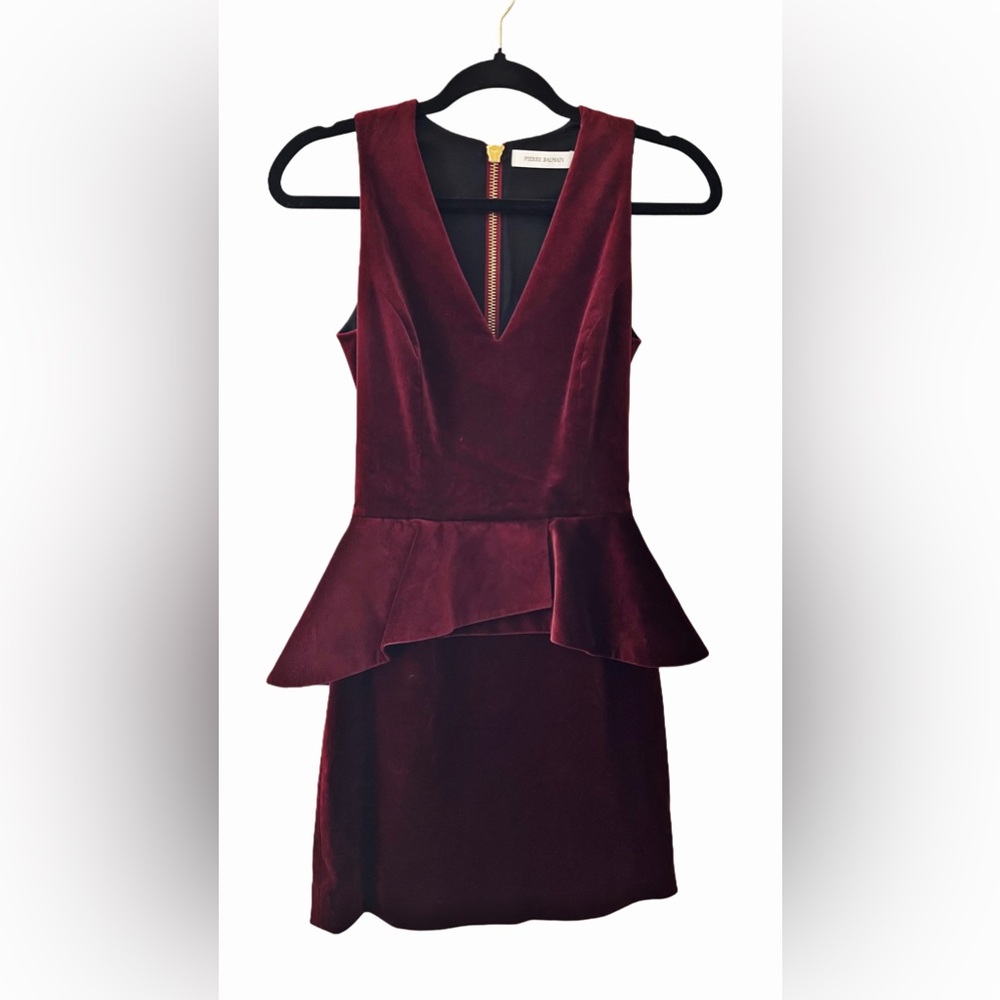 Pierre Balmain Peplum Mini Velvet Dress in Burgundy- Size 34 | US size 0 or XS